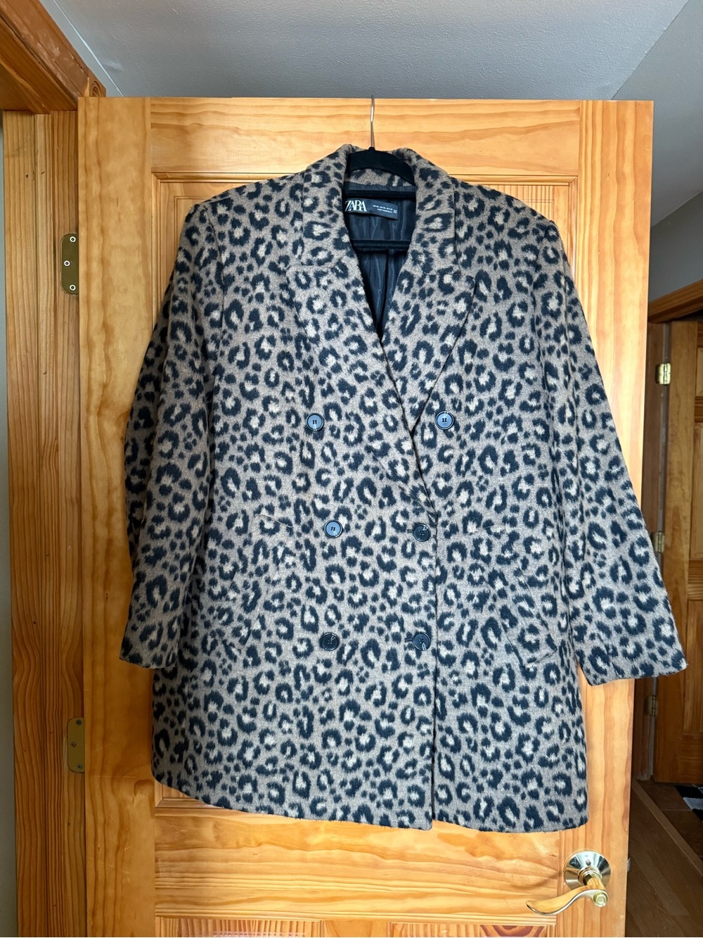 ZARA Women's Leopard Print Double-Breasted Pea Coat in Beige and Black